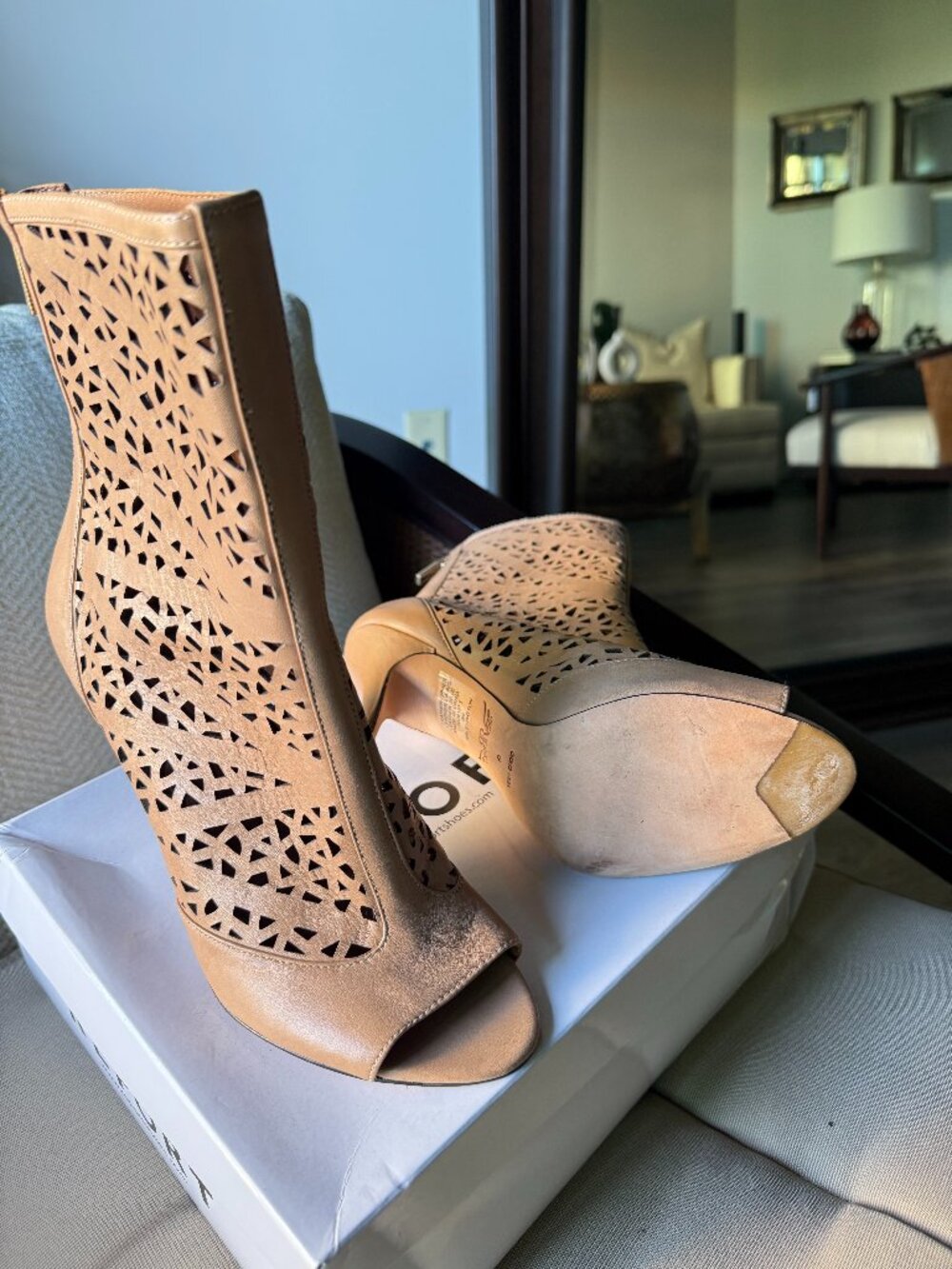 Genuine Italian Leather Nude Laser Cut Peep Toe High Heel Booties
